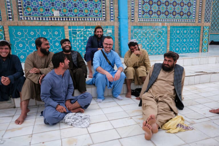 Outside the Blue Mosque in Mazar-I-Sharif